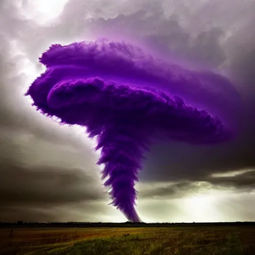 Image similar to amazing photo of purple clouds in the shape of a tornado, digital art, beautiful dramatic lighting