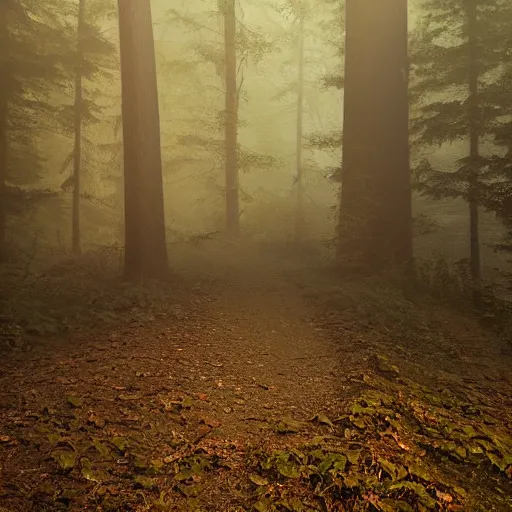 Prompt: an old wooden door with light coming from underneath stands in a dense forest in the middle of the night, fog, realistic