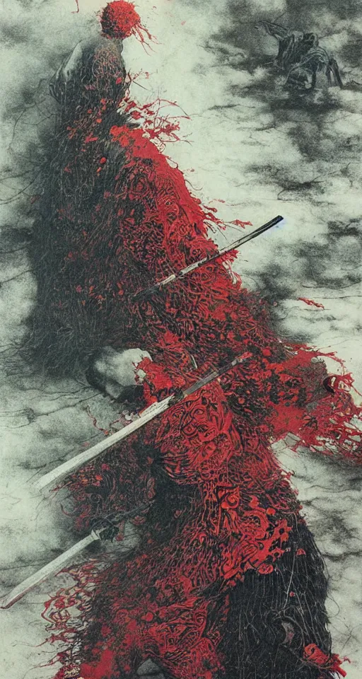 Image similar to Japanese schoolgirl runs away from Samurai with a katana on the subway, high detailed Beksinski painting, part by Adrian Ghenie and Gerhard Richter. art by Takato Yamamoto. masterpiece, deep colours, red