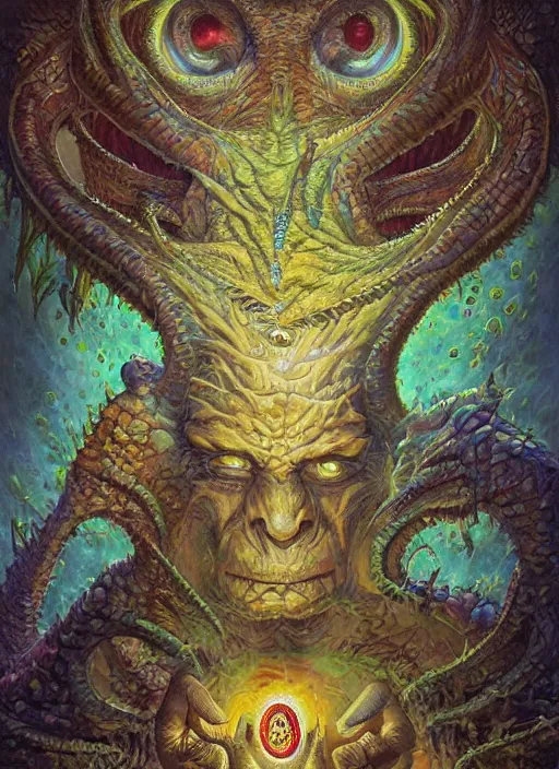 Prompt: bart simpson reptile eyes, shamanic poster lsd art, intricate, elegant, highly detailed, centered, digital painting, artstation, concept art, smooth, sharp focus, illustration, artgerm, tomasz alen kopera, peter mohrbacher, donato giancola, joseph christian leyendecker, wlop, frank frazetta