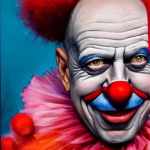 Prompt: UHD hyperrealism painting of Bruce Willis dressed as a clown, wearing clown makeup, by Antonio Caparo and Ferdinand Knab and Greg Rutkowski, UHD, photorealistic, trending on artstation, trending on deviantart, correct face, real clown makeup