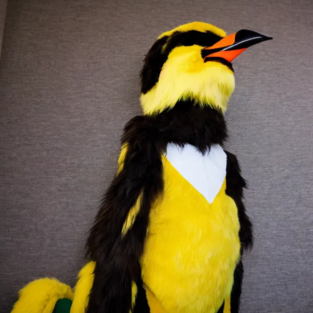 Prompt: a person wearing a fursuit of a yellow bill magpie fursona, fursona, furry convention, hotel lobby, indoors, photograph, furry fandom, photorealistic,