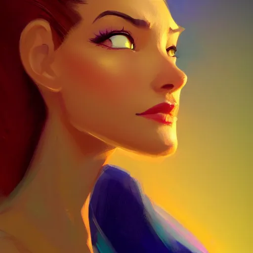 Image similar to 3 / 4 view of a portrait of a pretty woman with wings, confident pose, digital painting, artstation, concept art, smooth, sharp focus, illustration, trending on artstation, highly detailed, concept art, disney art by milt kahl, glen keane, marc davis, and eric goldbergmatte, trending on artstation h 6 4 0