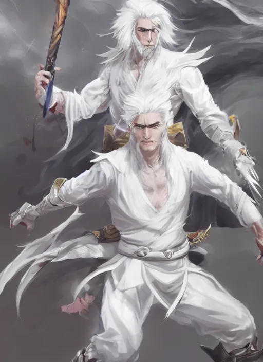 Prompt: a highly detailed illustration of fierce white haired parted through the middle asian man, wearing hakama, with black sclera eyes, heroically fighting stance posin,g intricate, elegant, highly detailed, centered, digital painting, artstation, concept art, smooth, sharp focus, league of legends concept art, WLOP
