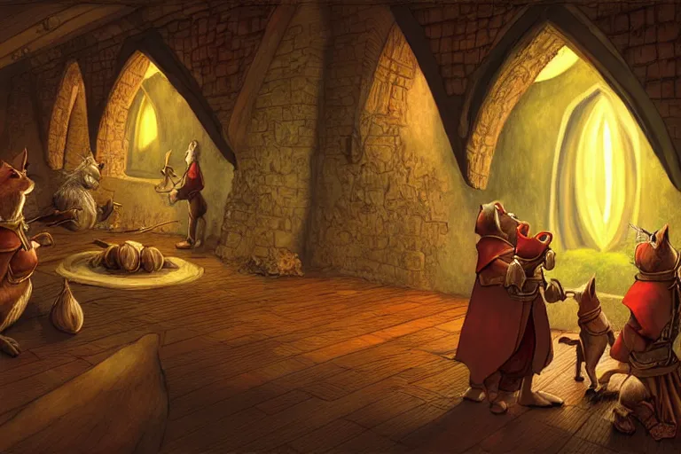 Image similar to an elaborate and detailed scene from the redwall abbey series by brian jacques, detailed, fantasy concept art, cinematic lighting, beautiful