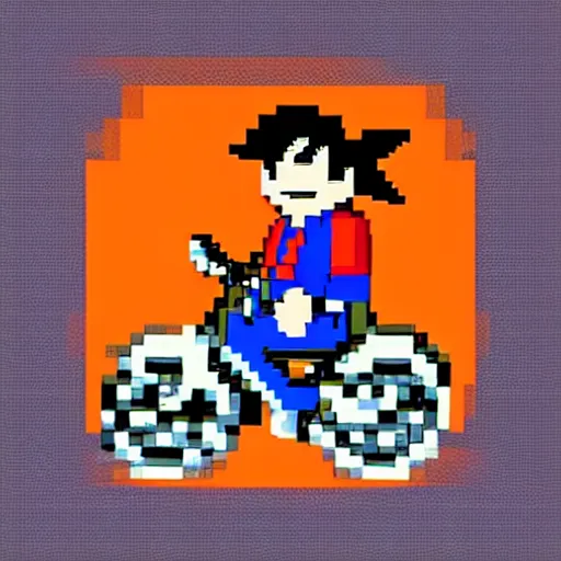 Prompt: pixel art of goku riding a bike
