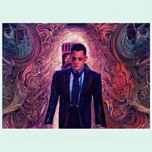 Image similar to portrait of rami malek, hyper detailed masterpiece, neon floral pattern, jean giraud, digital art painting, darkwave goth aesthetic, psychedelic, artgerm, donato giancola and tom bagshaw