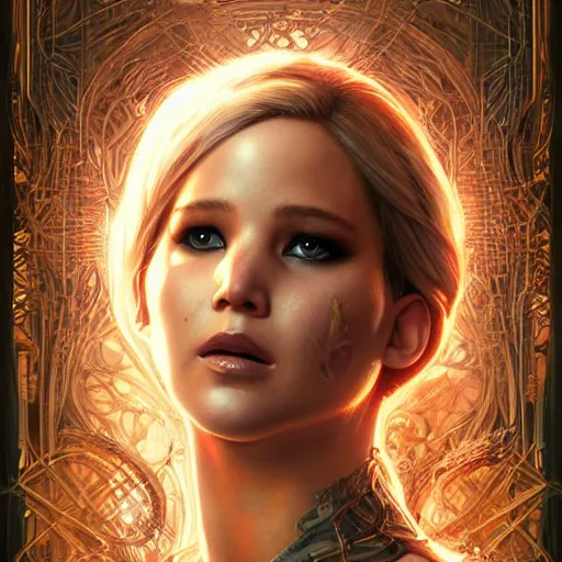 Image similar to beautiful ethereal cyberpunk jennifer lawrence, art nouveau, fantasy, intricate binary and electronic designs, elegant, highly detailed, sharp focus, art by artgerm and greg rutkowski and wlop