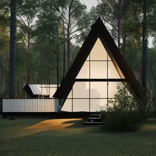 Prompt: minimal modernist a - frame house in the woods, beautiful lighting, volumetric, cinematic lighting, corona render, detailed, symmetrical, minimal, clean