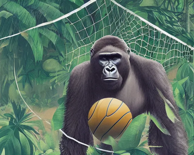 Prompt: a gorilla holding a volleyball and playing volleyball in a jungle, volleyball net, digital illustration, inspired by greg rutkowski and artgerm, high detail