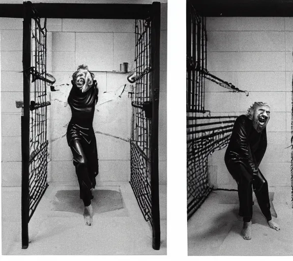 Prompt: Hans Bellmer photo of 'gigachad laughing behind jail bars', high contrast, high exposure photo