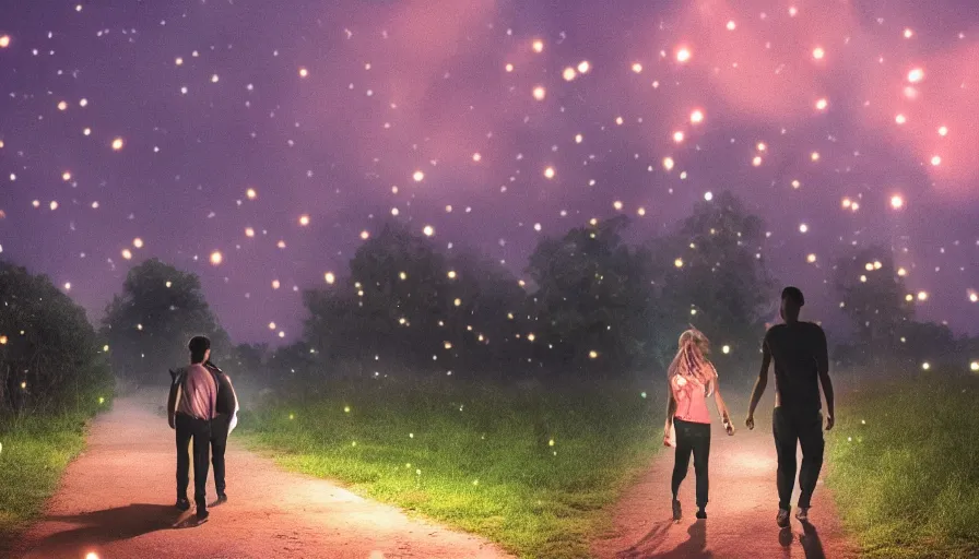 Prompt: a couple walking in the middle of fireflies in a poor neighbourhood, cinematic lighting, wow, establishing shot