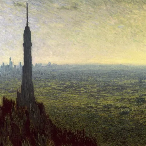 Image similar to an ultra detailed matte painting of a lonely and impossibly tall ominous dark tower elevated high above the city, on an isolated plateau island in a river elevated high above the city fortress tower, fantasy capital city, ultrawide lense, aerial photography, volumetric lighting, exquisite detail, 8 k, art by claude monet and van gogh and greg rutkowski and alphonse mucha