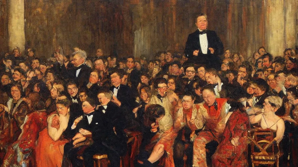 Image similar to Stewart Lee performs stand up to an angry audience, oil on canvas, by Juan Luna