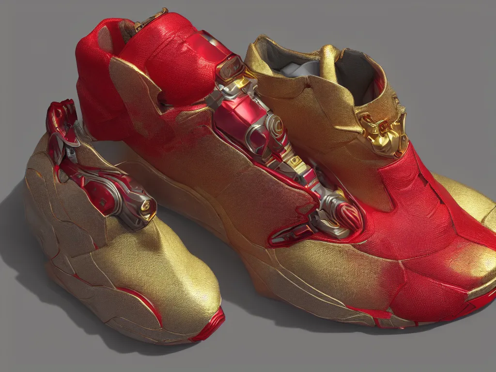 Prompt: realistic 3 d render of a cyberpunk android sneaker, beautiful studio lighting, soft, sharp focus, neon cyberpunk highlights, intricate detail, gold and red accents, soft rubber, octane render, side view, close up, trending on artstation, deviantart