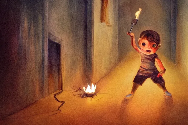 Image similar to art of a small child carefully holding a torch through a hallway filled with nightmarish monsters