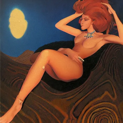 Image similar to a oil painting of a fair skin with dark curly stylised hair queen wearing dress, by hans emmenegger, by bruce pennington, by eyvind earle, by nicholas roerich, by frank frazetta, by georgia o keeffe, highly detailed, realistic, concept art, jewels, tiles curtains, oriental, desaturated