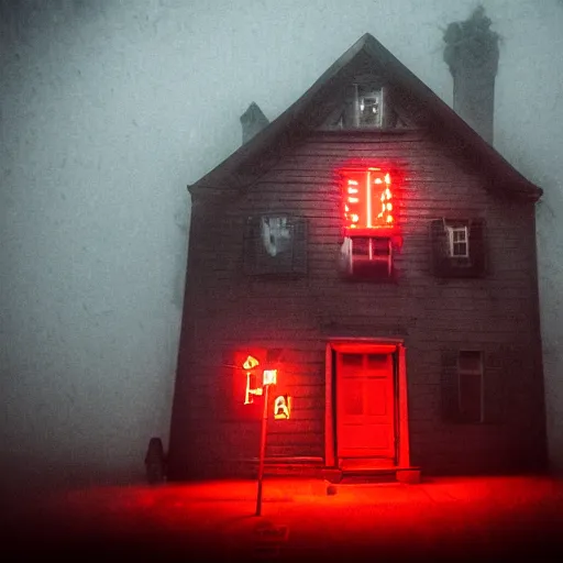 Image similar to a spooky monster house with glowing red eyes on a dimly lit street during a thunderstorm, cinematic, award winning horror photography