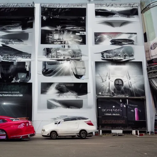 Image similar to sci-fi wall structure logotype and car on the coronation of napoleon and digital billboard in the middle in dark atmosphere by Ruan Jia Sheng Lam