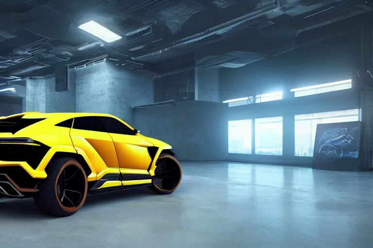 Image similar to cyberpunk lamborghini urus concept inspired sports car, futuristic look, highly detailed body, very expensive, photorealistic camera shot, bright studio setting, studio lighting, crisp quality and light reflections, unreal engine 5 quality render