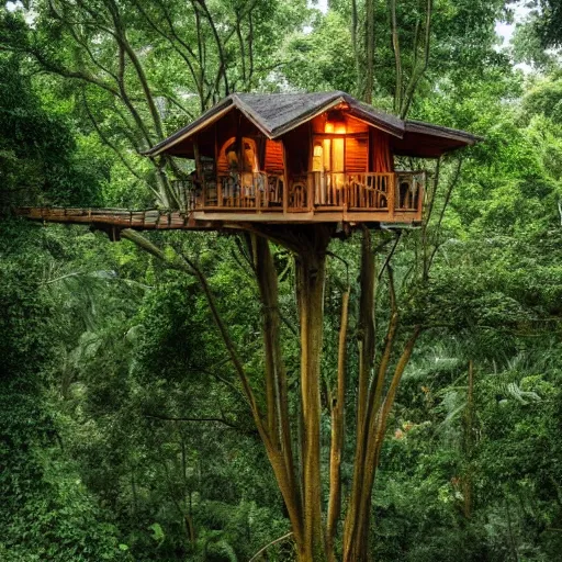 Image similar to a treehouse in a lush jungle during a thunderstorm in the evening