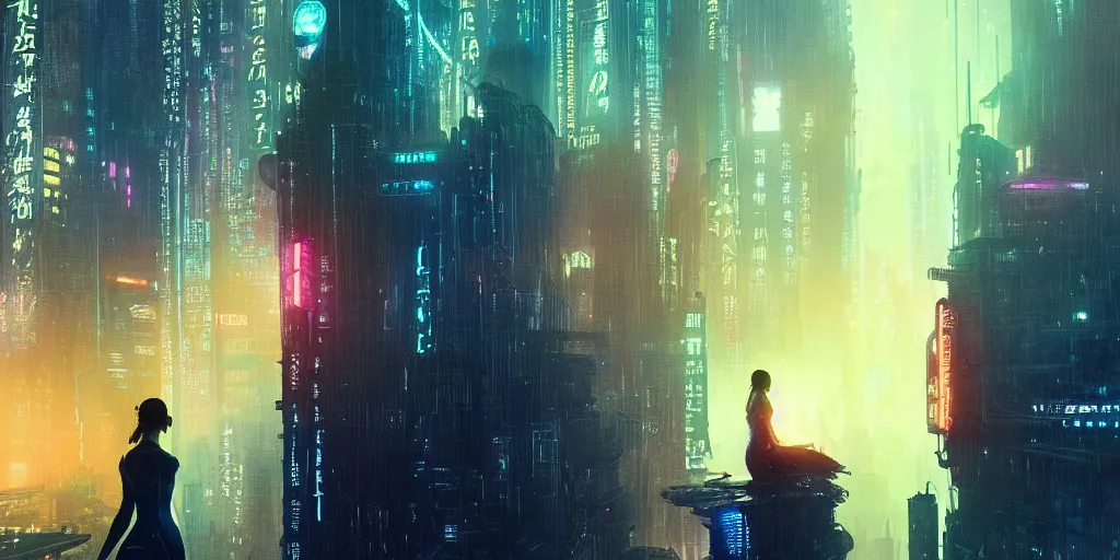 Prompt: jamie chung altered carbon 2 0 1 8 blade runner movie still look at the cityscape from roof matrix perfect face fine realistic face pretty face neon puffy jacket blue unicorn futuristic sci - fi elegant by denis villeneuve tom anders zorn hans dragan bibin thoma greg rutkowski ismail inceoglu illustrated sand storm alphonse mucha