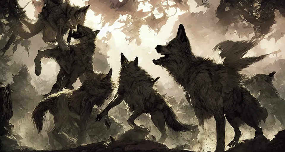 Image similar to WOLVES AND THEIR TREASURES digital painting By Travis Charest, James Gurney, and Ashley Wood. dramatic lighting. Magic the gathering style.