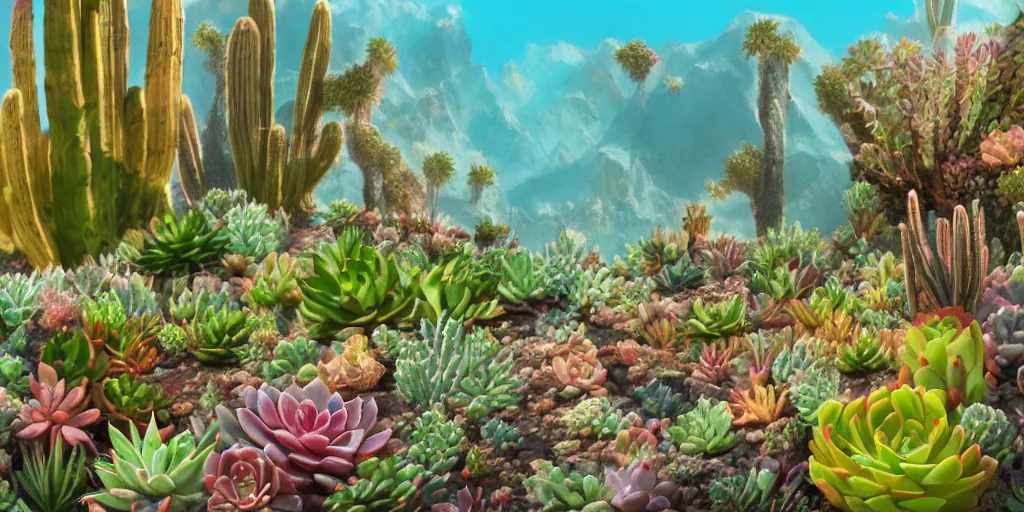 Image similar to a desert with a lot of succulents and exotic flowers, underwater, super detailed acrylic painting, movie poster 7 0's, octane render