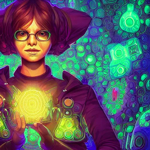 Image similar to skill magic geek inside matrix deepdream radiating a glowing aura stuff loot legends stylized digital illustration video game icon artstation lois van baarle, ilya kuvshinov, rossdraws,