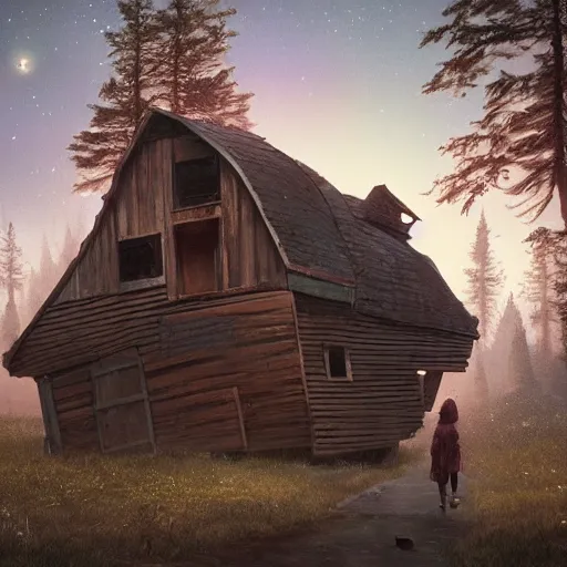 Image similar to woman leaving her wooden broken house by simon stålenhag, very highly detailed, award winning, rendered by Beeple, by Makoto Shinkai, syd meade, starwars, space art concept, digital art, unreal engine, blender, WLOP, trending on artstation, 4K UHD image, octane render