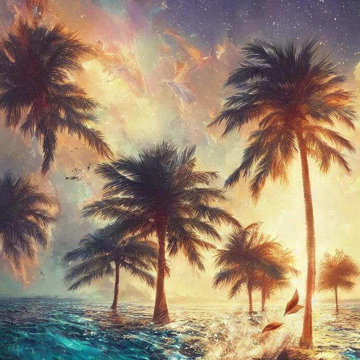 Image similar to dolphins swimming, golden hour, god rays, dreamscape by artgerm and ruan jia and ismail inceoglu and greg olsen, palm trees, cosmos, milky way galaxy, masterpiece, beautiful, intricate, elegant, highly detailed