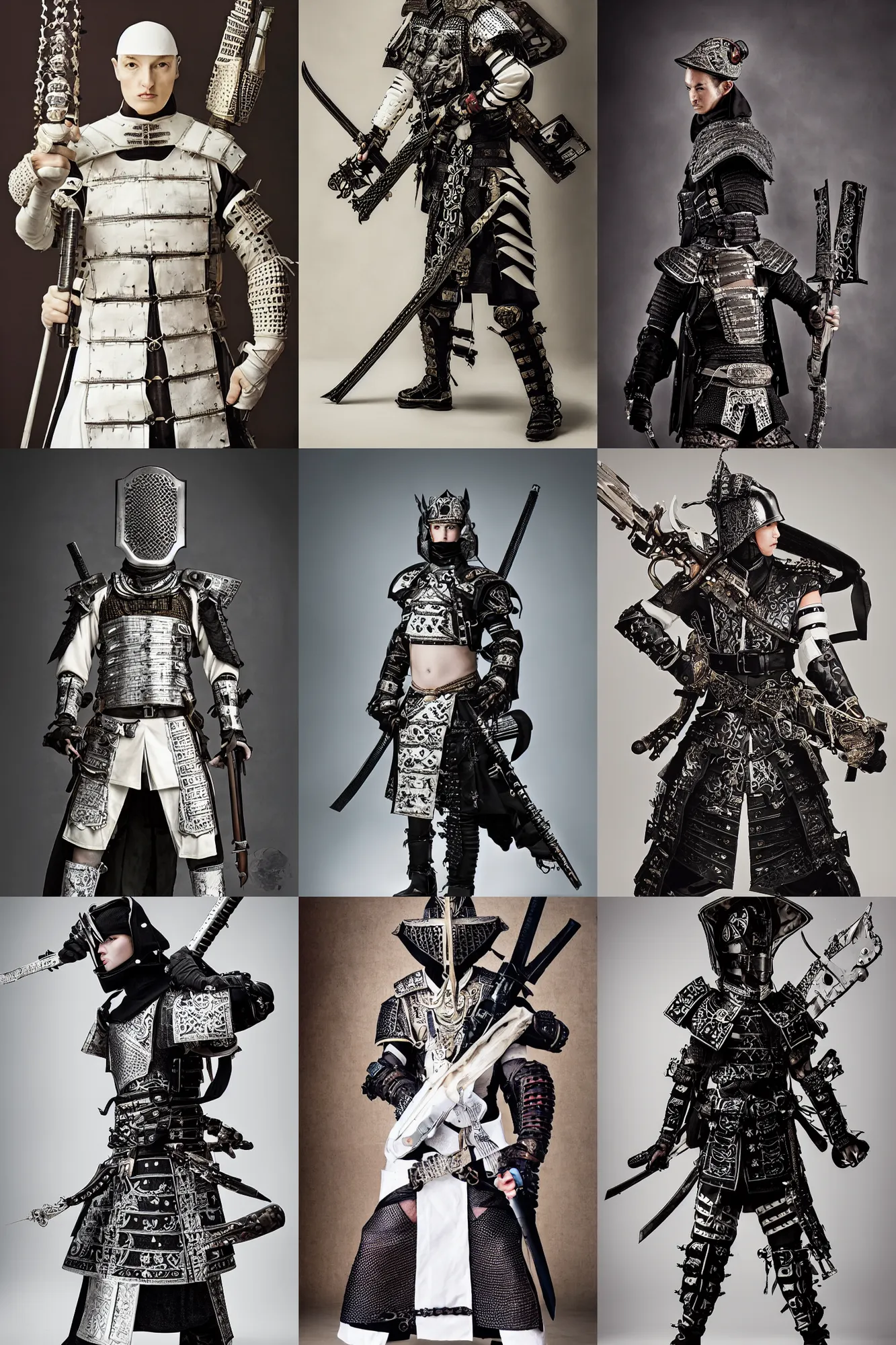 Prompt: fashion model with white ancestral ornate medieval tactical gear, black leather samurai garment, long shot, cyberpunk city, by irving penn and storm thorgerson, ren heng, peter elson,