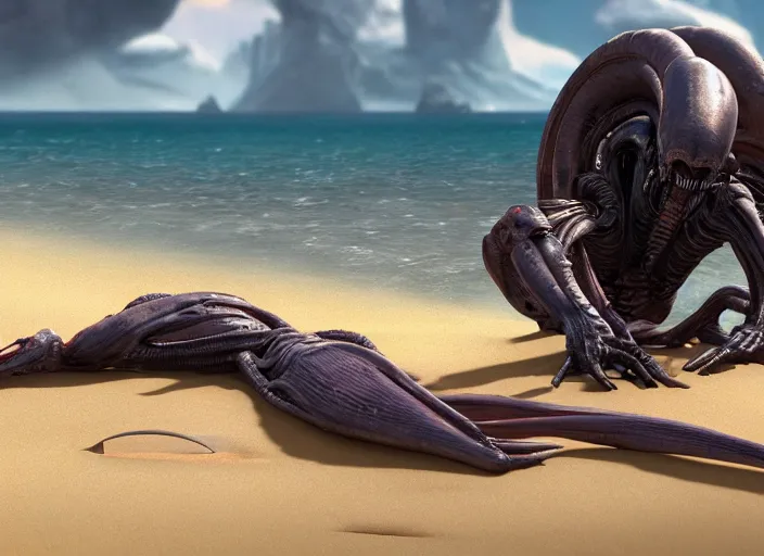 Image similar to a xenomorph alien relaxing on a beach in jamaica, cinematic lighting, directed by dennis villeneuve, national geographic, award winning, concept art, artstation, unreal engine, game screenshot