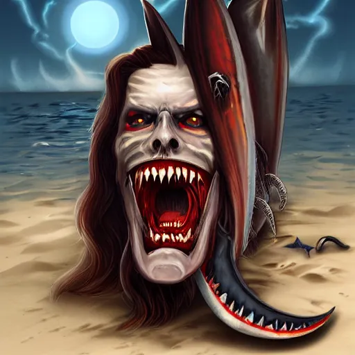 Prompt: vampire with shark teeth, background beach, gothic, warhammer, colorful, highly detailed, artstation