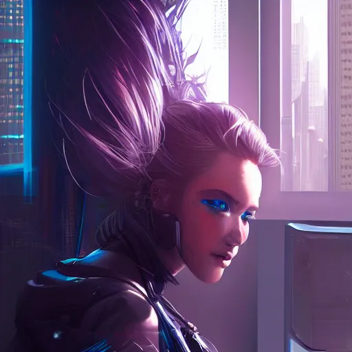 Image similar to art by rossdraws, portrait of cyberpunk woman looking out of a window, cyberpunk setting, futuristic, highly detailed, intricate lighting, digital painting, sharp focus, illustration, trending on artstation.