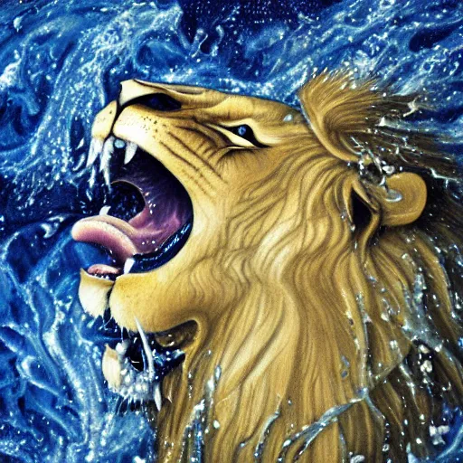 Image similar to a male lion's face breaching through a wall of water, water sprites, splashing, deep blue water color, highly detailed