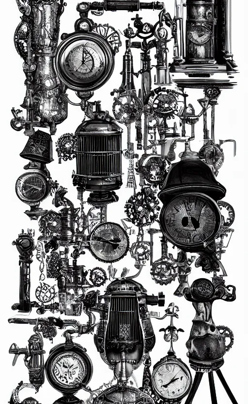 Prompt: black and white lithograph of some mysterious and arcane steampunk objects. editorial composition, fine lines, 4 k, high details