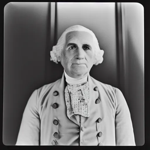 Image similar to photo of George Washington by Diane Arbus, black and white, high contrast, Rolleiflex, 55mm f/4 lens