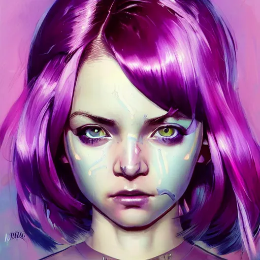 Prompt: cyborg girl with cute - fine - face, pretty face, purple and pink hair, realistic shaded perfect face, fine details by realistic shaded lighting poster by ilya kuvshinov katsuhiro otomo, magali villeneuve, artgerm, jeremy lipkin and michael garmash and rob rey