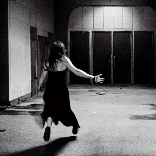 Prompt: Jennifer Love Hewitt running toward camera, away from a man in the background, dressed all in black, in an abandoned highschool, night time, cinematic, 90's horror movie, 24MM wide shot, f1.8, volumetric lighting, award winning, I Know What you did last summer - W 1024