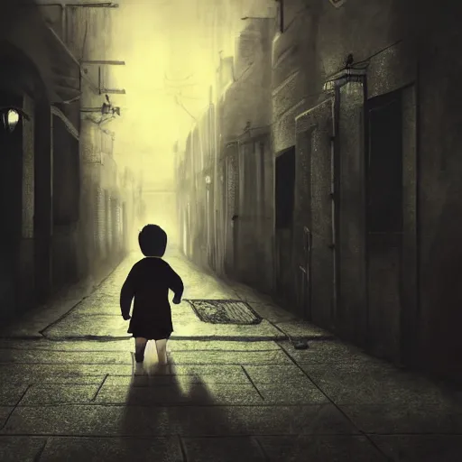 Image similar to A small child walking alone in a dark alley, scary atmosphere,gloomy lighting, digital art , highly detailed , high contrast, beautiful lighting, award winning , trending on art station, 8k, photo realistic