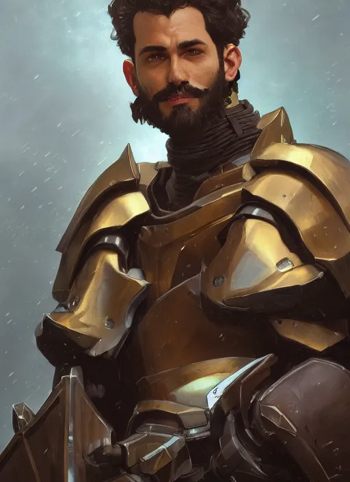 Image similar to medium-length portrait of a male paladin with short curly hair and a dark beard, dark brown skin, happy expression, wears a suit of power armor, gundam, medieval setting, highly detailed, digital painting, artstation, concept art, sharp focus, illustration, art by greg rutkowski and alphonse mucha