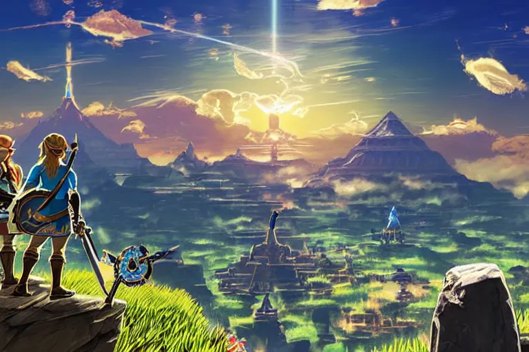 Prompt: zelda botw, epic blue gateway with intricate golden frame to another world, art by hildebrandt, tim and gonsalves, rob dramatic lighting,, unreal engine, very elegant, wide angle lens