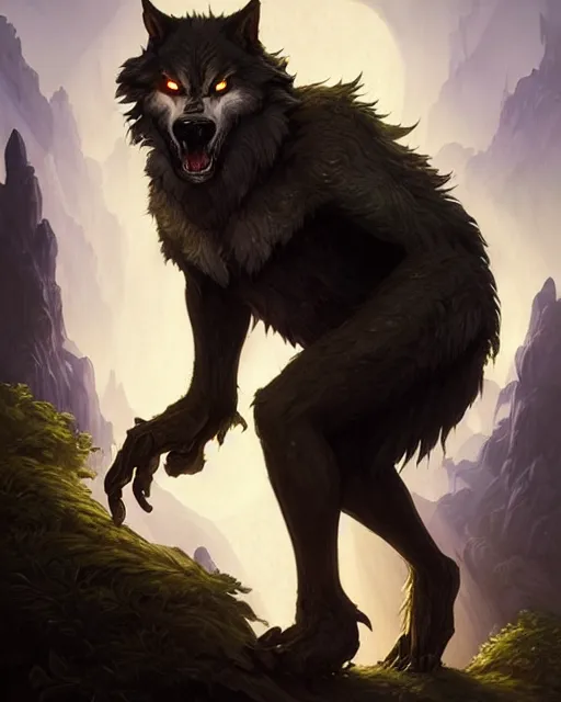 Prompt: werewolf standing on a cliff, backlight, rim lighting, deep focus, d & d, fantasy, intricate, elegant, highly detailed, digital painting, artstation, concept art, matte, sharp focus, illustration, hearthstone, art by artgerm and greg rutkowski and alphonse mucha