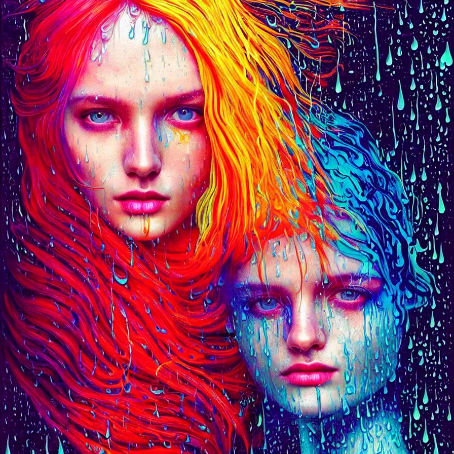 Prompt: bright asthetic portrait of LSD in rain with wet hair and face, liquid, fantasy, intricate, elegant, dramatic lighting, highly detailed, lifelike, photorealistic, digital painting, artstation, illustration, concept art, smooth, sharp focus, art by John Collier and Albert Aublet and Krenz Cushart and Artem Demura and Alphonse Mucha