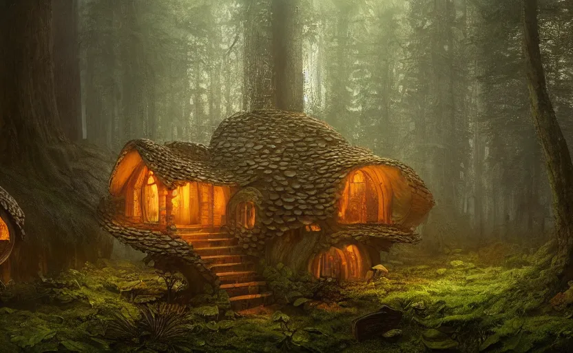 Prompt: A mushroom house in a tall mushroom, small door and windows in the mushroom, warm light coming from the windows, in a dark forest, macro, cool tones, underexposed, overecast, mysterious matte painting by greg rutkowski and marc simonetti and Ivan Shishkin, 4k