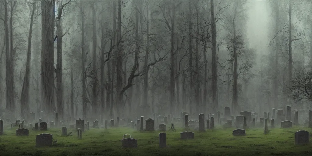 Prompt: Beautiful hyperrealistic detailed matte painting of a Landscape of cemetery tombstones in a majestically ugly and terrible world on the lost Vibes and a dense dark forest of high trees in the background, death rises in the air, cold, by Zdzisław Beksiński and Artem Demura, andreas rocha and john howe, and Martin Johnson Heade, featured on artstation, featured on behance, golden ratio, ultrawide angle, f32, well composed, cohesive.69:1