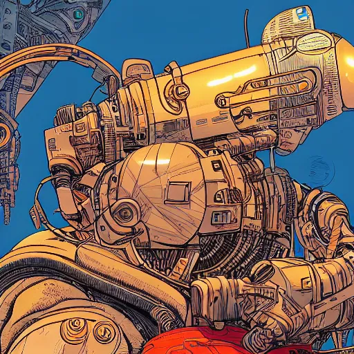 Prompt: hyper detailed comic illustration close up of a young explorer wearing a cyberpunk headpiece sitting on the head of a giant robot watching the sunset in the distance, by Josan Gonzalez and Geof Darrow, highly detailed, 8k wallpaper