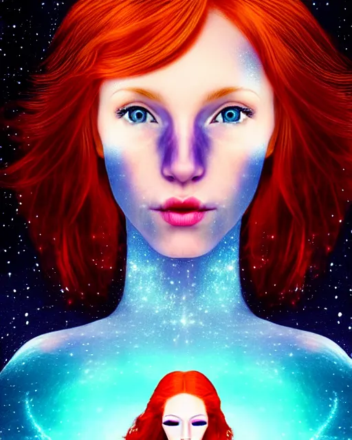 Image similar to space astral portrait of a beautiful girl, red hair, ginger hair, fantasy, glowing skin, smooth face, perfect eyes, half body shot, tarot card