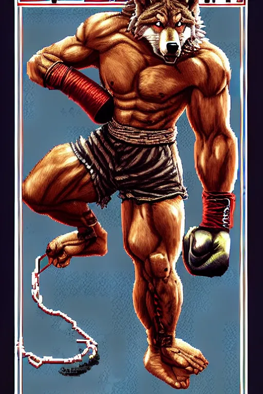 Image similar to extreme long shot. 8 bit nes graphics. antropomorphic muscular masculine wolf. kickboxer fighter, in shorts. wolf head. fine details, very sharp, art from nes game cartridge, marc simonetti and hermann nitsch